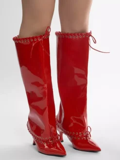Bottes rouges à mollet large pour femmes bottes hautes à bout pointu et talon chaton