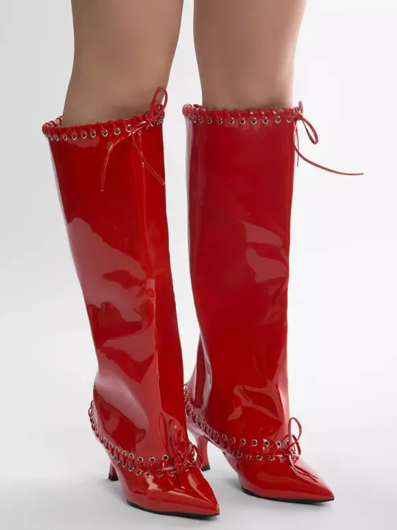 Bottes rouges à mollet large pour femmes bottes hautes à bout pointu et talon chaton