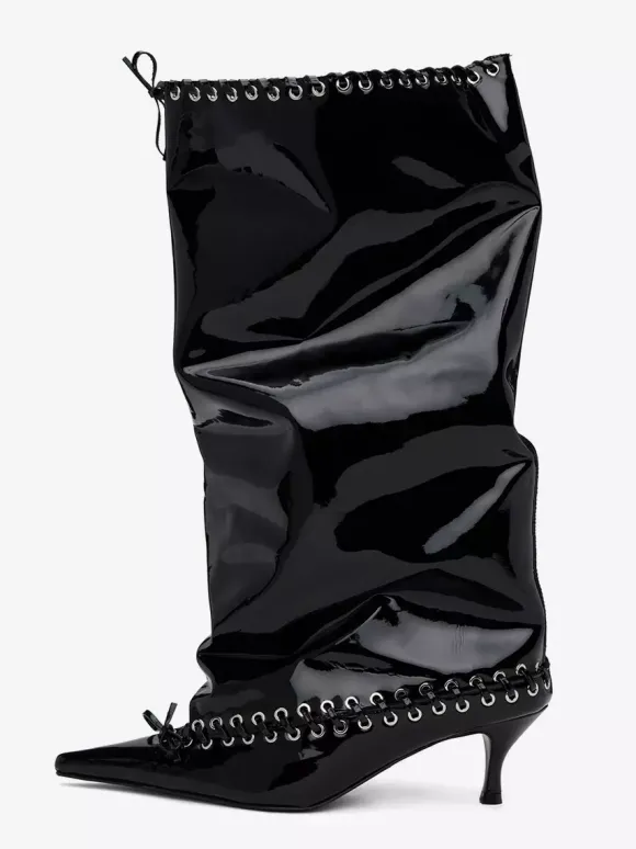 Bottes rouges à mollet large pour femmes bottes hautes à bout pointu et talon chaton