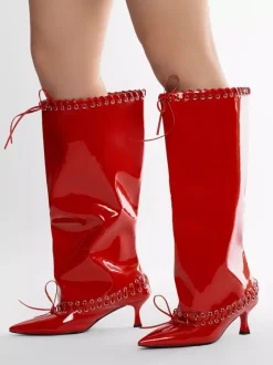 Bottes rouges à mollet large pour femmes bottes hautes à bout pointu et talon chaton