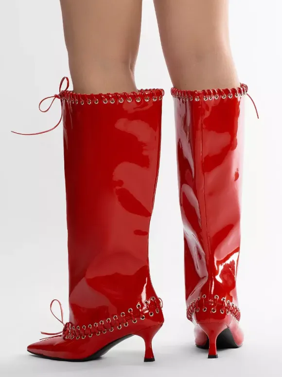 Bottes rouges à mollet large pour femmes bottes hautes à bout pointu et talon chaton