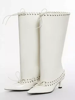 Bottes rouges à mollet large pour femmes bottes hautes à bout pointu et talon chaton
