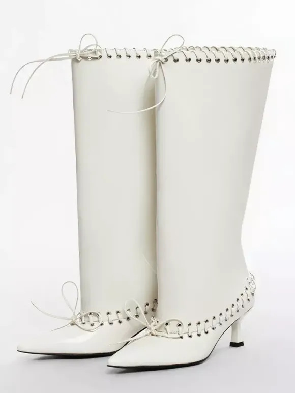 Bottes rouges à mollet large pour femmes bottes hautes à bout pointu et talon chaton
