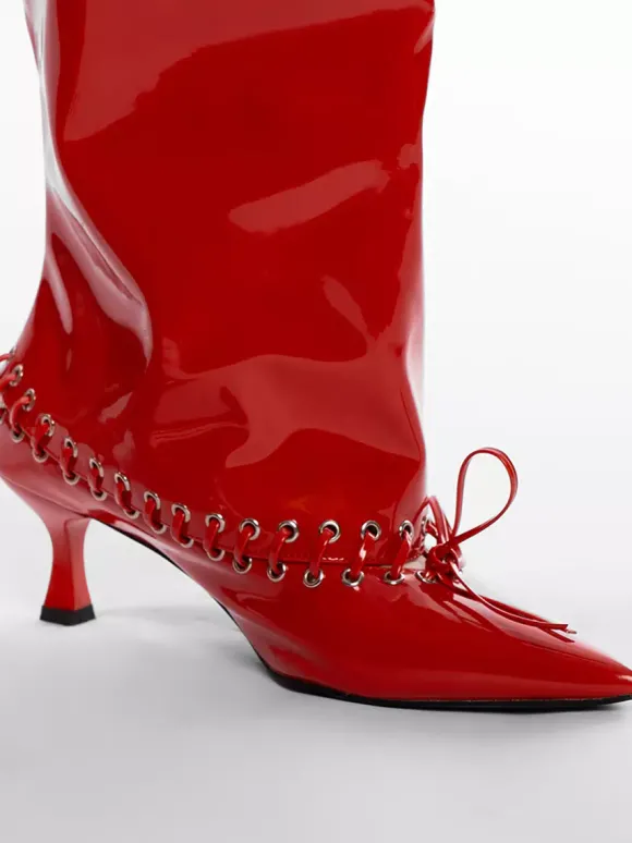 Bottes rouges à mollet large pour femmes bottes hautes à bout pointu et talon chaton
