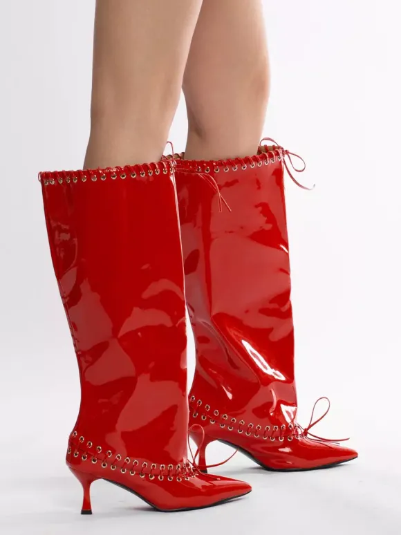 Bottes rouges à mollet large pour femmes bottes hautes à bout pointu et talon chaton