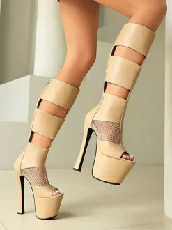 Bottes sandales noires à plateforme et bout ouvert empiècements en résille fermeture éclair talons hauts