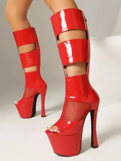 Bottes sandales noires à plateforme et bout ouvert empiècements en résille fermeture éclair talons hauts