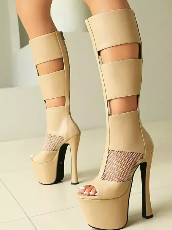 Bottes sandales noires à plateforme et bout ouvert empiècements en résille fermeture éclair talons hauts