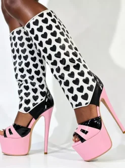 Bottes sandales roses à talons hauts plateforme bout ouvert imprimées montantes jusqu'aux genoux