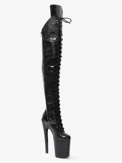Bottes sexy à talons hauts bout rond fermeture éclair talon aiguille bottes noires hautes pour pole dance bottes au-dessus du genou