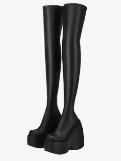 Bottes sexy à talons hauts  bout carré  talon compensé  cuissardes noires  cuissardes au-dessus du genou