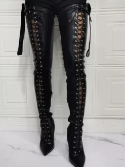 Bottes sexy à talons hauts grande taille bout pointu tige de botte boucle réglable talon aiguille cuisse noire haute sur les bottes au genou