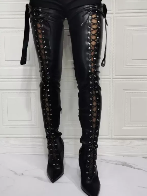 Bottes sexy à talons hauts grande taille bout pointu tige de botte boucle réglable talon aiguille cuisse noire haute sur les bottes au genou