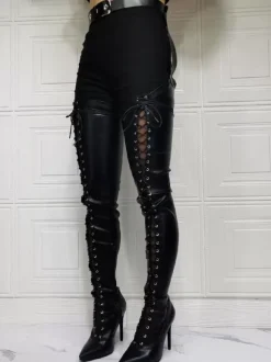 Bottes sexy à talons hauts grande taille bout pointu tige de botte boucle réglable talon aiguille cuisse noire haute sur les bottes au genou