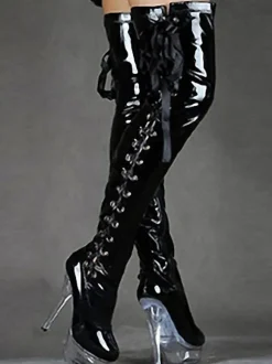Bottes sexy à talons hauts bout rond à lacets fermeture éclair talon aiguille Rave Club cuissardes noires sur les bottes au genou