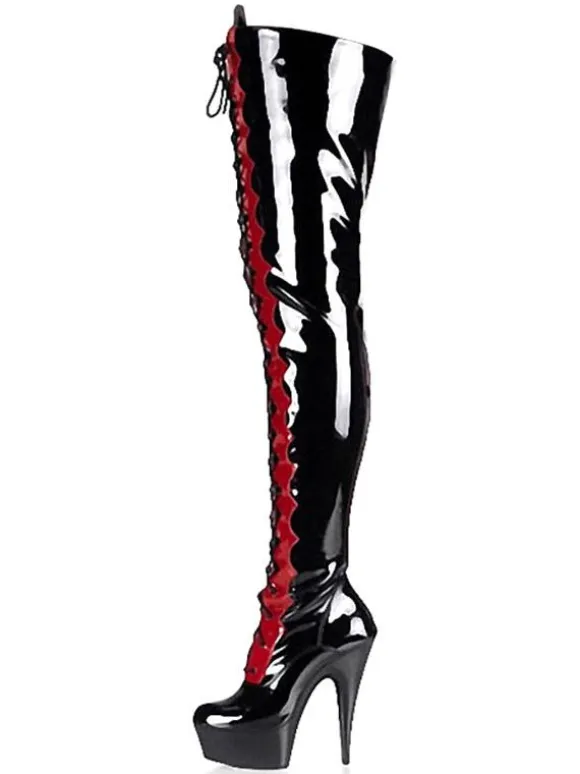 Bottes sexy à talons hauts Fermeture à glissière à bout rond Détails en métal Talon aiguille géométrique Rave Club Cuissardes Bottes noires sur le genou