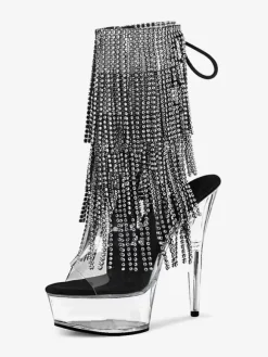 Bottes sexy à talons hauts et bout ouvert avec lacets et strass talon aiguille bottes noires pour pole dance cuissardes hautes bottes au-dessus du genou