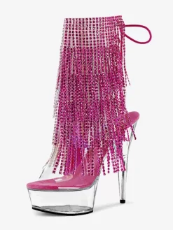 Bottes sexy à talons hauts et bout ouvert avec lacets et strass talon aiguille bottes noires pour pole dance cuissardes hautes bottes au-dessus du genou