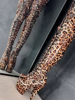 Bottes sexy à talons hauts plateforme léopard bout rond lacets talon aiguille bottes de pole dance cuissardes