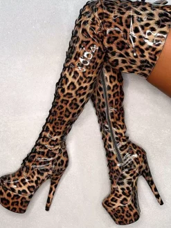Bottes sexy à talons hauts plateforme léopard bout rond lacets talon aiguille bottes de pole dance cuissardes