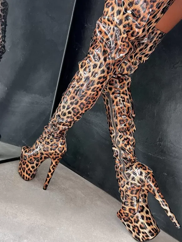 Bottes sexy à talons hauts plateforme léopard bout rond lacets talon aiguille bottes de pole dance cuissardes