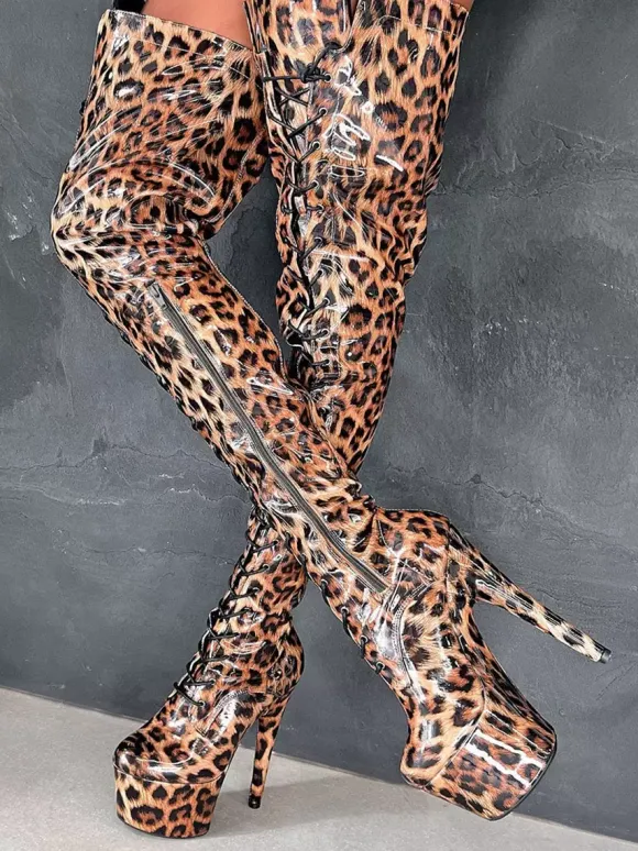 Bottes sexy à talons hauts plateforme léopard bout rond lacets talon aiguille bottes de pole dance cuissardes
