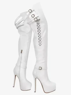 Bottes sexy au dessus du genou plateforme découpée détail de boucle talons hauts cuissardes grande taille
