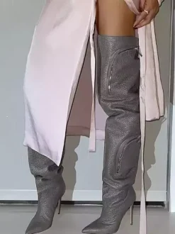 Bottes sexy au-dessus du genou pour femmes bottes hautes à bout pointu et à poche