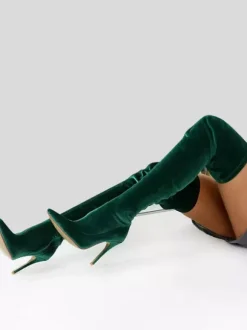 Bottes sexy au-dessus du genou en velours vert bottes à talons hauts et bout pointu