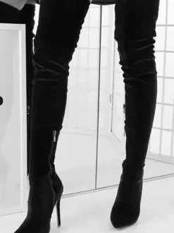 Bottes sexy au-dessus du genou en velours vert bottes à talons hauts et bout pointu