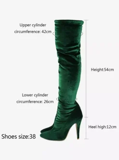 Bottes sexy au-dessus du genou en velours vert bottes à talons hauts et bout pointu