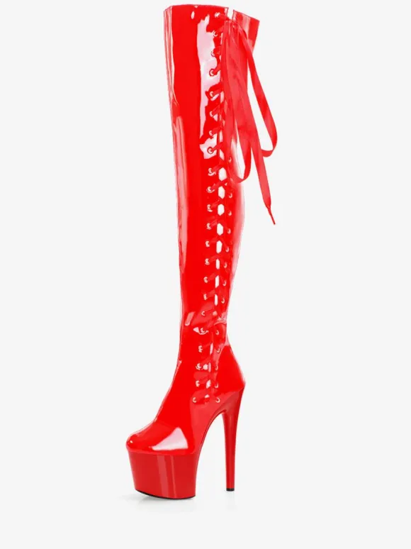 Bottes Sexy Bout Rond Glissière Géométrique Talon Aiguille Pôle Danse Rouge Cuissardes
