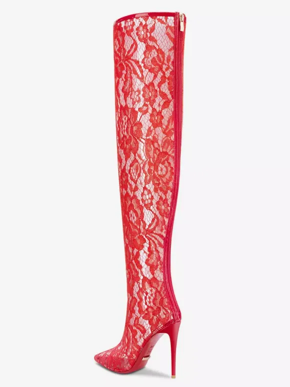 Bottes sexy en dentelle à bout pointu et talons hauts