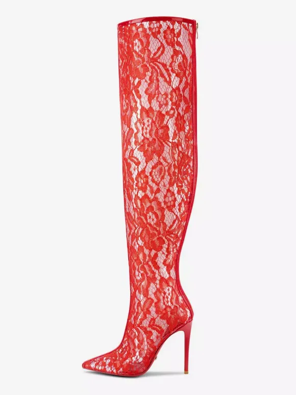 Bottes sexy en dentelle à bout pointu et talons hauts