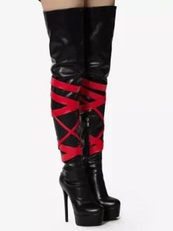 Bottes sexy noires unisexes à plateforme et bout ouvert talons hauts cuissardes