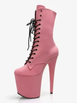 Bottes sexy pour femmes à bout rond à lacets et talons aiguilles pour pole dance bottes hautes roses au-dessus du genou