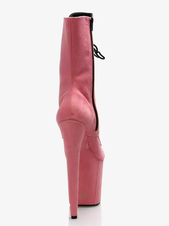 Bottes sexy pour femmes à bout rond à lacets et talons aiguilles pour pole dance bottes hautes roses au-dessus du genou