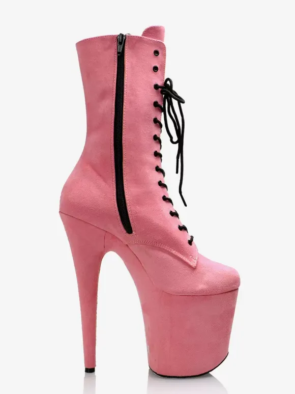 Bottes sexy pour femmes à bout rond à lacets et talons aiguilles pour pole dance bottes hautes roses au-dessus du genou