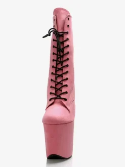 Bottes sexy pour femmes à bout rond à lacets et talons aiguilles pour pole dance bottes hautes roses au-dessus du genou