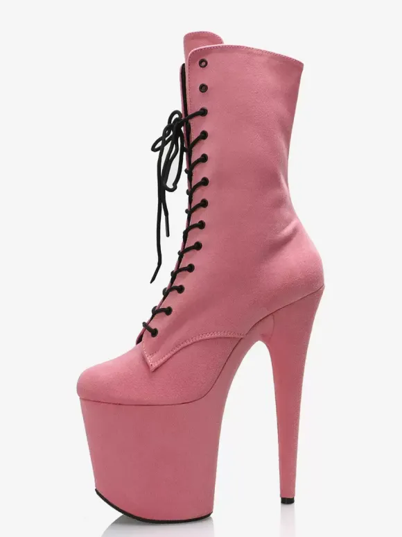 Bottes sexy pour femmes à bout rond à lacets et talons aiguilles pour pole dance bottes hautes roses au-dessus du genou