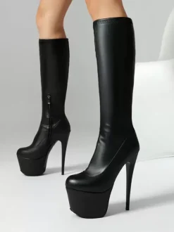 Bottes sexy pour femmes plateforme noire bout rond talon aiguille bottes hautes