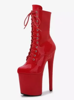 Bottes sexy roses à plateforme et bout rond chaussures de pole dance à lacets