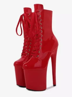 Bottes sexy roses à plateforme et bout rond chaussures de pole dance à lacets