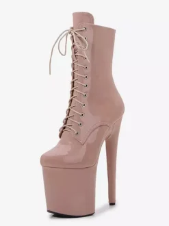 Bottes sexy roses à plateforme et bout rond chaussures de pole dance à lacets