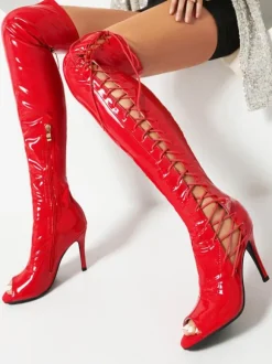 Bottes sexy rouges au-dessus du genou bout ouvert lacets talons hauts sandales au dessus du genou