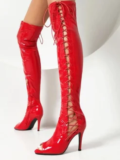 Bottes sexy rouges au-dessus du genou bout ouvert lacets talons hauts sandales au dessus du genou