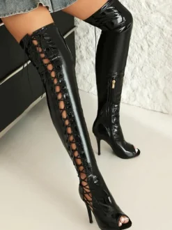 Bottes sexy rouges au-dessus du genou bout ouvert lacets talons hauts sandales au dessus du genou