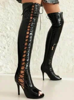 Bottes sexy rouges au-dessus du genou bout ouvert lacets talons hauts sandales au dessus du genou