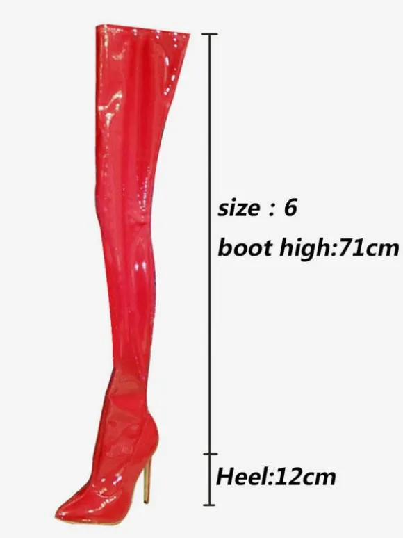 Bottes sexy rouges femmes bout pointu talon aiguille cuissardes bottes à talons hauts sur les bottes au genou