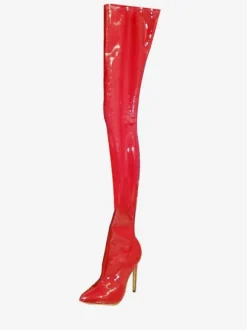 Bottes sexy rouges femmes bout pointu talon aiguille cuissardes bottes à talons hauts sur les bottes au genou